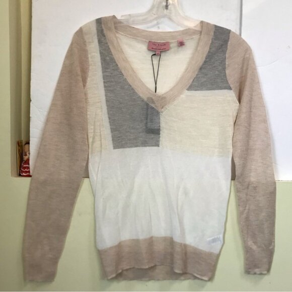Ted Baker NEW Intarsia Cotton Linen Lightweight Color Block V Neck Sweater Top S - Picture 3 of 16